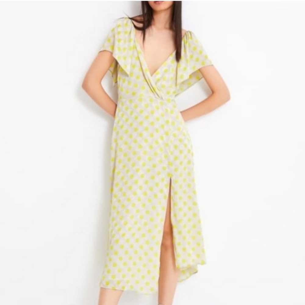 NWT Zara Satin Polka Dot Flutter Sleeve Midi Dress
